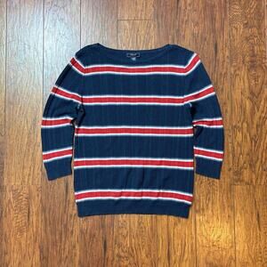 Chaps Denim Vintage Navy Blue Red Striped Linen Blend Boatneck Top